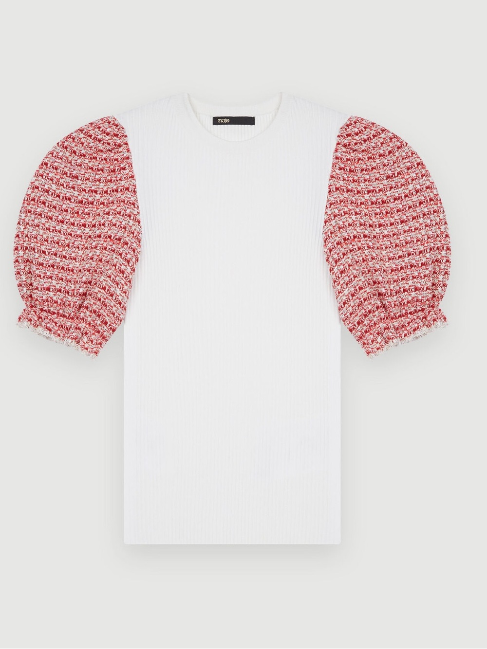 Maje White Knit Top with Red Tweed Puff Sleeves
